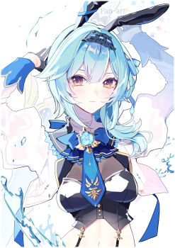 1girl absurdres adapted_costume animal_ears arms_up black_bustier black_gloves black_hairband blue_hair blue_necktie breasts bustier closed_mouth commentary_request cropped_jacket eula_(genshin_impact) fake_animal_ears genshin_impact gloves hairband highres jacket juliet_sleeves karaage_ha_315 large_breasts linea_alba long_sleeves looking_at_viewer midriff navel necktie open_clothes open_jacket puffy_sleeves rabbit_ears solo upper_body vision_(genshin_impact) white_jacket yellow_eyes