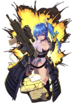 1girl 20x30mm_lv 20x30mm_lv_p_k168 absurdres airburst_grenade_launcher ammunition assault_rifle bandaid belt belt_boots bikini bikini_under_clothes black_bikini black_boots black_choker black_gloves blouse blue_hair blue_shorts bolt-action_grenade_launcher bolt_action boot_straps boots breasts buckle bullpup burst_fire_gun burst_fire_rifle cable cannon_cartridge carbine choker clothes_pin clothes_writing coat commentary computerized_scope cooler daewoo_k11 earrings explosion explosive fingerless_gloves full_body girls'_frontline gloves grenade grenade_cartridge grenade_launcher grey_coat gun hair_between_eyes hazard_symbol head_tilt highres holding holding_gun holding_weapon id_card jewelry k11_(girls'_frontline) knee_boots lace-up_boots leather leather_choker long_coat long_hair long_shirt long_sleeves mari0ball medium_breasts messy_hair multi-weapon multimeter multiple-barrel_gun multiple_straps name_tag off_shoulder open_clothes open_coat open_fly open_shirt parted_lips pouch practice_round precision-guided_firearm purple_eyes radiation_symbol rifle scope see-through_clothes shells shirt short-barreled_rifle short_shorts shorts side_ponytail sidelocks sight_(weapon) single_earring single_fingerless_glove smart_grenade smart_scope solo standing subsonic_ammunition swimsuit telescopic_sight thermal_weapon_sight thigh_strap thighs tongue tongue_out transparent_background trench_coat underbarrel_assault_rifle underbarrel_rifle weapon white_background white_shirt