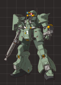 Rule 34 | absurdres, cable, commentary, glowing, glowing eye, grid background, gun, gundam, gundam 0083, highres, holding, holding weapon, ke yukikaze, machine gun, mecha, mecha focus, mobile suit, mobile suit gundam, no humans, one-eyed, one-eyed mecha, original, radio antenna, red eyes, redesign, robot, science fiction, shield, shoulder spikes, solo, spikes, unfinished, weapon, zaku ii, zaku ii f2, zeon