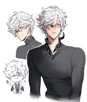 Rule 34 | 1boy, black shirt, blue eyes, glasses, hashtag-only commentary, looking back, male focus, multiple views, qifrey (tongari boushi no atelier), shirt, simple background, teeth, tongari boushi no atelier, white background, white hair, youre uru