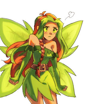 1girl animification annoyed antenna_hair aquanut belt breasts brown_hair cleavage commentary cowboy_shot dress elbow_gloves english_commentary eyeshadow fairy fairy_wings freckles gloves green_dress green_eyes green_gloves green_hair illusen long_hair looking_at_viewer makeup multicolored_hair neopets pointy_ears simple_background sketch strapless streaked_hair white_background wings