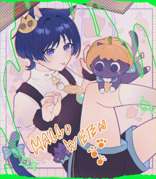 1boy animal_ear_fluff animal_ears animalization black_hair black_overalls black_shorts blue_bow blue_trim blunt_ends blush bow cat cat_boy cat_ears cat_hair_ornament cat_tail colored_inner_hair curled_fingers curtains eyelashes eyeliner eyeshadow feathers fingernails fur_wrist_cuffs gem genshin_impact green_gemstone grid_border hair_ornament halloween hand_up looking_at_viewer makeup male_focus multicolored_hair official_alternate_costume overalls paw_pose person_and_animalization pink_background pom_pom_(clothes) purple_cat purple_eyes purple_hair red_eyeliner red_eyeshadow scaramouche_(cat)_(genshin_impact) scaramouche_(genshin_impact) shirt shorts shougo_kota tail tail_bow tail_ornament tongue tongue_out turtleneck turtleneck_shirt undershirt wanderer_(genshin_impact) white_shirt wrist_cuffs yellow_feathers