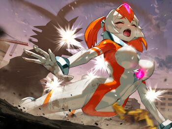 Rule 34 | breasts, city, closed eyes, cloud, commentary request, construction site, dirt, giant, giantess, kaiju, multicolored hair, nikunopengin, open mouth, orange hair, original, twintails, two-tone hair, ultra series, white hair, x-girl flare