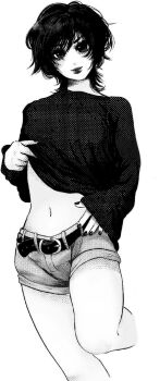 Rule 34 | 1girl, artist request, bare legs, belt, black belt, black hair, black nails, breasts, closed mouth, clothes lift, curly hair, denim, denim shorts, dot nose, eyelashes, feet out of frame, groundedstar, hand on own hip, head bowed, highres, leg up, light particles, lipstick, long sleeves, looking at viewer, makeup, medium breasts, midriff, midriff peek, nail polish, navel, short hair, shorts, smile, stomach, sweater, tagme, thighs, wide sleeves