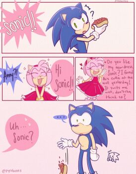 4koma amy_rose blue_fur blue_hair boots cat_smile chili_dog comic dress eating food gloves green_eyes legs loli lolita_fashion medium_hair pink_fur pink_hair pyroboxes red_dress sega shiny_skin smile socks sonamy sonic_(series) sonic_the_hedgehog spiked_hair surprised