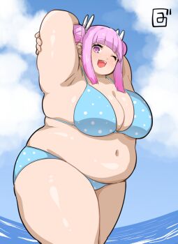 1girl arms_behind_head bikini blue_bikini blue_sky blunt_bangs breasts cleavage cloud cloudy_sky commentary_request cowboy_shot double_bun fat hair_bun horizon huge_breasts long_hair looking_at_viewer navel one_eye_closed open_mouth original outdoors pink_eyes pink_hair sidelocks sky solo swimsuit tareme thick_arms thick_thighs thighs zuisawa