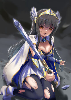 1girl absurdres acelroiutdh armor black_hair breasts commission dirty dirty_clothes highres hime_cut holding holding_sword holding_weapon idolmaster idolmaster_cinderella_girls knight kurokawa_chiaki long_hair pantyhose pixiv_commission ryona sweat sword torn_clothes torn_pantyhose very_long_hair weapon