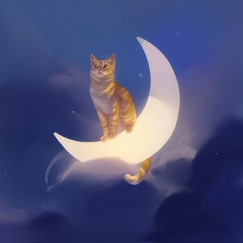 animal animal_focus bwspace69 cat cloud cloudy_sky commentary crescent_moon highres moon night no_humans on_moon orange_cat original outdoors sky symbol-only_commentary