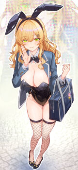 absurdres animal_ear_hairband animal_ears bag black_bow black_bowtie black_leotard blazer blonde_hair blue_jacket bow bowtie commentary_request detached_collar fake_animal_ears fishnet_thighhighs fishnets hairband highres jacket leotard long_hair original playboy_bunny pupps rabbit_ears school_bag smile standing strapless strapless_leotard thighhighs yellow_eyes zoom_layer