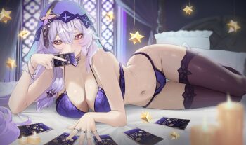 Rule 34 | 1girl, black swan (honkai: star rail), bra, breasts, candle, card, cleavage, closed mouth, commentary, commission, hair between eyes, highres, holding, holding card, honkai: star rail, honkai (series), indoors, jewelry, large breasts, long hair, looking at viewer, lying, multiple rings, navel, on side, panties, purple bra, purple hair, purple panties, purple thighhighs, ring, smile, solo, thigh gap, thighhighs, thighs, underwear, underwear only, vgen commission, vitaminechan, yellow eyes
