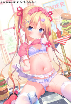 1girl apron apron_lift blonde_hair blue_eyes blush boots bow bow_bra bow_panties bra breasts burger checkered_floor closed_mouth clothes_lift collared_shirt commentary_request curtains day food frilled_apron frilled_bra frills gloves hair_between_eyes hair_ornament hair_ribbon hairclip heart heart_hair_ornament lifting_own_clothes loli long_hair looking_at_viewer on_floor original panties parted_bangs pink_boots pink_shirt piyodera_mucha puffy_short_sleeves puffy_sleeves purple_bra purple_panties red_bow red_ribbon ribbon shirt shirt_lift short_sleeves small_breasts solo striped_clothes striped_shirt thighhighs tree twintails underwear vertical-striped_clothes vertical-striped_shirt very_long_hair white_apron white_gloves white_thighhighs window x_hair_ornament