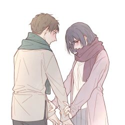 Rule 34 | 1boy, 1girl, black hair, blush, brown hair, cape, closed mouth, commentary request, couple, ear blush, enpera, eren yeager, g321377377, green scarf, grey skirt, hands on another&#039;s arms, jacket, long sleeves, looking at another, medium hair, mikasa ackerman, open clothes, open jacket, open mouth, pink jacket, pleated skirt, profile, red cape, scarf, shingeki no kyojin, shirt, short hair, skirt, upper body, white background, white shirt