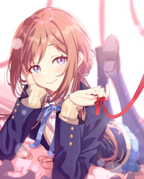 1girl black_pantyhose blazer blue_eyes blue_jacket blue_ribbon blue_skirt blush brown_hair brown_sweater closed_mouth gakuen_idolmaster hair_bun hatsuboshi_gakuen_school_uniform head_rest highres himesaki_rinami idolmaster jacket loafers long_hair long_sleeves looking_at_viewer lying neck_ribbon on_stomach pantyhose pinky_out retsuna ribbon school_uniform shirt shoes side_up_bun single_side_bun skirt sleeves_past_wrists smile solo string string_around_finger string_of_fate sweater white_shirt
