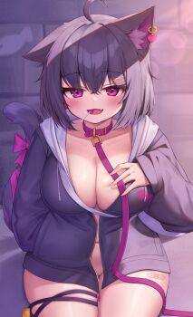 1girl ahoge animal_ears bandaid breasts candy cat_ears cat_girl cat_tail cleavage collar collarbone commentary_request deaver earrings fang food hair_ornament highres jacket jewelry large_breasts leash lollipop long_hair looking_at_viewer mouth_hold naked_jacket nekoyama_(deaver) open_mouth original purple_collar purple_hair purple_jacket short_hair single_earring sitting smile solo tail thighs