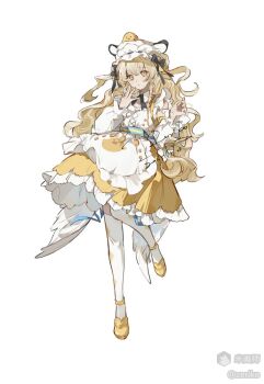 Rule 34 | 1girl, apron, argyle clothes, argyle thighhighs, black bow, blonde hair, bow, brown eyes, closed mouth, frilled skirt, frills, full body, hair bow, hands up, hat, long hair, long sleeves, looking at viewer, mihuashi username, mob cap, original, shirt, shoes, simple background, skirt, solo, standing, standing on one leg, thighhighs, white apron, white background, white hat, white shirt, white thighhighs, white wings, wings, yellow shoes, yellow skirt, zeriko