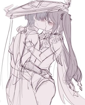 1boy 1girl aitsuwu belt black_bow black_choker blunt_ends blush bodysuit bow bridal_gauntlets cape choker couple doodles face-to-face from_side fur-trimmed_collar fur_collar fur_trim genshin_impact hair_between_eyes hand_on_another&#039;s_hip hat hatching_(texture) hetero highleg highleg_leotard highres hug japanese_clothes jingasa kimono kiss leotard linear_hatching long_hair mona_(genshin_impact) monochrome parted_bangs partially_colored ponytail_holder purple_hair scaramouche_(genshin_impact) short_sleeves sidelocks standing star_(symbol) star_choker twintails wanderer_(genshin_impact) white_background