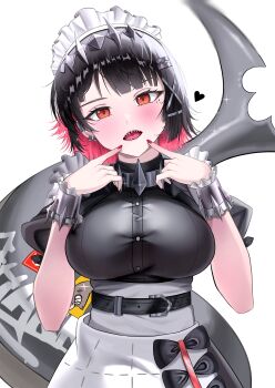 1girl absurdres akachi belt black_belt black_bow black_hair black_shirt blush bow breasts collar commentary_request earclip earrings ellen_joe finger_to_mouth fins fish_tail gauntlets hair_ornament hairband hairclip heart heart_print highres jewelry large_breasts looking_at_viewer metal_collar metal_hairband metal_wrist_cuffs mole mole_under_eye multicolored_hair open_mouth orange_eyes red_hair shark_girl shark_tail sharp_teeth shirt short_hair short_sleeves simple_background skirt skirt_bow solo tail teeth two-tone_hair upper_body white_background white_skirt white_wrist_cuffs wrist_cuffs zenless_zone_zero