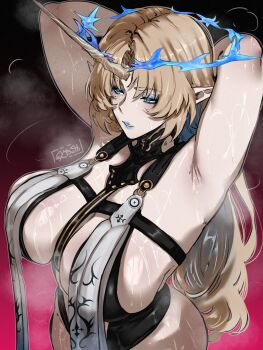 1girl absurdres adapted_costume armpits arms_behind_head arms_up artist_name black_leotard blonde_hair blue_eyes blue_eyeshadow blue_hair blue_lips breasts breath colored_inner_hair commentary eyeshadow fleurdelys_(wuthering_waves) gradient_background gy_beth highres horns huge_breasts leotard long_hair makeup multicolored_hair parted_lips pink_background pointy_ears sideboob single_horn solo steaming_body sweat upper_body very_sweaty wuthering_waves yellow_horns