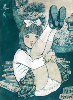 1girl black_eyes black_hair black_shoes blush book bow clothes_lift flower fractal_underground_studio grass hair_bow hugging_own_legs lace lace-trimmed_panties lace_trim legs_up loli long_sleeves looking_at_viewer original panties plaid_clothes plaid_skirt shirt shoes short_hair sitting skirt skirt_lift socks traditional_media tree underwear white_bow white_panties white_shirt white_socks window