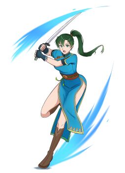 Rule 34 | 1girl, absurdres, blue dress, breasts, commission, dress, earrings, fingerless gloves, fire emblem, fire emblem: the blazing blade, gloves, green eyes, green hair, high ponytail, highres, holding, holding sword, holding weapon, jewelry, ko-fi commission, looking at viewer, lyn (fire emblem), medium breasts, nintendo, open mouth, pelvic curtain, ponytail, rope belt, selhelm, side slit, solo, sword, weapon