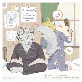 2boys ^^^ aged_down ahoge alternate_costume animal_ears bare_shoulders black_pajamas blonde_hair blue_pajamas body_fur buon_zzz colored_tips commentary curtains english_commentary english_text full_body furry furry_male hair_brush heart highres holding holding_hair_brush hugo_vlad implied_yaoi indoors looking_at_another male_focus motion_lines multicolored_hair multiple_boys on_bed open_mouth pajamas paper pillow signature sitting sleeves_rolled_up spoken_heart tail tail_wagging von_lycaon white_fur white_hair window wolf_boy wolf_ears wolf_tail zenless_zone_zero