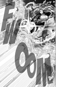 Rule 34 | 1girl, absurdres, breasts, coat, dress, energy beam, ericmartindood, fern (sousou no frieren), highres, holding, holding staff, large breasts, mage staff, magic circle, monochrome, sousou no frieren, staff, wind