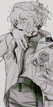 Rule 34 | 1other, bandaid, bandaid on face, blood, blood on face, coat, gloves, grey background, greyscale, gyujik qzc, hand up, highres, holding, holding syringe, id card, medicine pocket, medium hair, monochrome, profile, reverse:1999, solo, syringe, upper body, wiping blood