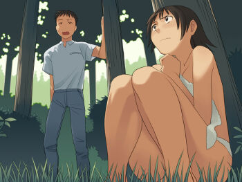 1boy 1girl barefoot covering_privates feet forest grass hate_shinaku_aoi_kono_sora_no_shita_de.... homura_yuuka kaida_masashi nature outdoors panties public_indecency sitting takamichi topfreedom topless_female towel tree underwear