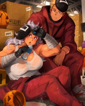 1boy 2girls bandaged_wrist bandages black_gloves black_mask blonde_hair bottle box breasts cardboard_box commentary cosplay dorohedoro earrings ebisu_(dorohedoro) english_commentary glasses gloves halloween halloween_bucket halloween_costume highres holding holding_bottle hood hooded_jacket indoors jacket jewelry jumpsuit khyle. large_breasts long_hair looking_at_viewer manager_(squid_game) mask mask_on_head multiple_girls muscular muscular_female noi_(dorohedoro) purple_hair robot_(squid_game) robot_(squid_game)_(cosplay) see-through_clothes shin_(dorohedoro) short_hair sitting soldier_(squid_game) square squid_game steel_beam stitches sweat tall_female tank_top triangle water_bottle white_hair wiping_sweat
