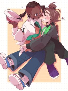 ! 1boy 1girl black_pants blue_pants blue_shoes blush brown_hair closed_eyes collared_jacket commentary_request dark-skinned_male dark_skin denim dreadlocks drop_shadow foot_out_of_frame full_body green_necktie grid_background grin hair_bun hand_on_another's_ass hand_on_another's_back hand_on_another's_waist harmony_(pokemon) hat heart hetero highres holding_another's_hat hug interracial jacket jeans long_hair low_ponytail maru_(hachi_47923) naveen_(pokemon) necktie nintendo orange_background orange_sweater_vest pants pokemon pokemon_legends:_z-a polka_dot polka_dot_background ponytail purple_eyes purple_shoes ribbed_socks shoe_soles shoes short_hair sitting sitting_on_lap sitting_on_person smile socks spoken_exclamation_mark spoken_heart sweater_vest teeth undercut unworn_hat unworn_headwear white_hat white_jacket white_socks