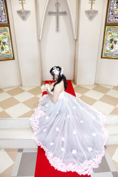 1girl asian black_hair breasts bride chouzuki_maryou cleavage dress highres lipstick makeup photo_(medium) plump solo wedding_dress