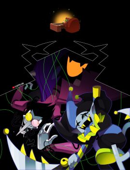 1other 3boys black_hair black_pants black_sclera blue_tongue colored_sclera colored_teeth colored_tongue commentary deltarune doll_joints english_commentary fangs gerson green_shoes hat heterochromatic_eyewear highres holding holding_quill holding_scythe jester_cap jevil joints lisa77494 multiple_boys pants pointy_nose puppet_strings quill roaring_knight saliva scythe sharp_teeth shoes short_hair sitting spamton_g._spamton spamton_neo string teeth tinted_eyewear tongue tongue_out turtle_boy utdr_(toby_fox) wings yellow_eyes yellow_teeth youtube_username