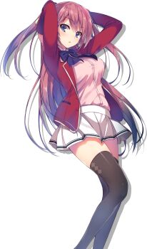 1girl :o advanced_nurturing_high_school_uniform argyle_clothes argyle_thighhighs arms_behind_head black_thighhighs blazer blue_bow blue_bowtie blue_eyes bow bowtie breasts collared_shirt feet_out_of_frame highres jacket large_breasts long_hair long_sleeves looking_at_viewer miniskirt official_art open_clothes open_jacket parted_lips pink_hair pink_shirt pleated_skirt pocket red_jacket ribbon sakura_airi school_uniform shirt simple_background skirt solo straight_hair thighhighs tomose_shunsaku transparent_background two_side_up very_long_hair white_skirt youkoso_jitsuryoku_shijou_shugi_no_kyoushitsu_e zettai_ryouiki