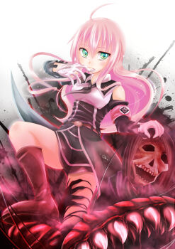 Rule 34 | 10s, 1girl, ahoge, dies irae, gloves, gradient background, green eyes, monster, red hair, rusalka schwagerin, shinza bansho series, skull