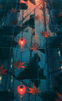 building cloud cola_(gotouryouta) commentary_request evening highres lantern leaf maple_leaf no_humans original paid_reward_available path power_lines reflection reflective_liquid road scenery sky star_(sky) sunset twilight water_drop