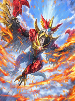 absurdres beak bird blue_gemstone blue_sky chest_jewel colored_skin fire gem highres kaiju meteokaiju multicolored_skin red_gemstone red_skin red_wings robuja sky tokusatsu tsuburaya_productions two-tone_skin ultra_series ultraman_omega_(series) valgeness wings