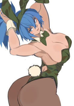 1girl ass blue_eyes blue_hair bodysuit breasts curvy female_focus from_behind huge_ass kuwango large_breasts leona_heidern long_hair looking_at_viewer looking_back military pale_skin pants pantyhose playboy_bunny ponytail rabbit rabbit_ears rabbit_tail see-through_clothes source_request standing the_king_of_fighters thick_thighs thighs tight_clothes tight_pants wide_hips