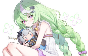1girl adelie_cat armpit_crease bare_arms bare_legs bare_shoulders bell braid camisole character_doll chess_piece closed_mouth collarbone commentary crossed_bangs doll female_tyrant_(stella_sora) frilled_camisole frills green_hair hair_between_eyes hair_ornament hairclip highres hugging_doll hugging_object knees_up legs_together light_smile long_hair looking_at_viewer low_twin_braids multicolored_hair nazuna_(stella_sora) neck_bell pink_eyes solo stella_sora streaked_hair twin_braids two-tone_hair tyrant_(stella_sora) very_long_hair white_background white_camisole white_hair