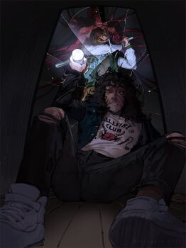 2022 2boys artist_name baseball_cap black_hair broken_glass broken_mirror character_request denim english_text glass hat highres jacket jeans lantern mind_break mirror monster multiple_boys pants scared sevvanto stranger_things symbolism tentacles vest wooden_floor