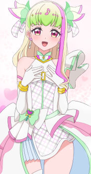 absurdres blonde_hair bow bowtie commentary cowboy_shot cure_zukyuun dress dress_bow earrings elbow_gloves fortissimo gloves green_hair hair_ornament hakuino_hakase half-dress hands_on_own_chest highres jewelry kimi_to_idol_precure looking_at_viewer magical_girl medium_hair multicolored_hair musical_note musical_note_hair_ornament open_mouth pink_hair precure purirun_(precure) single_thighhigh sleeveless sleeveless_dress smile standing streaked_hair thighhighs white_bow white_bowtie white_dress white_gloves white_thighhighs