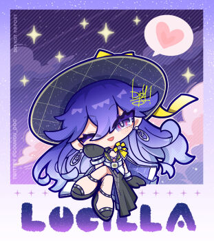 Rule 34 | 1girl, black dress, black gloves, black hat, character name, commentary request, crossed legs, dog-san, dress, earrings, gloves, hand up, hat, heart, highres, jacket, jewelry, long hair, looking at viewer, lucilla (wuthering waves), one eye closed, open mouth, purple eyes, purple hair, sitting, smile, solo, spoken heart, tacet mark (wuthering waves), twitter username, white jacket, wuthering waves