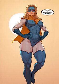 1girl abs absurdres blonde_blazer blonde_hair blue_boots blue_gloves bodysuit boots derivative_work dispatch domino_mask eye_mask gloves highres invincible_(series) lips long_hair looking_at_viewer mask muscular muscular_female redteneri smile superhero_costume thick_thighs thigh_boots thighs