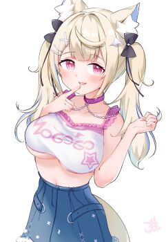 1girl animal_ear_fluff animal_ears black_bow blonde_hair blue_hair blue_skirt bow breasts collar comomo cosplay dog_ears dog_girl dog_tail fuwawa_abyssgard hair_bow highres hololive hololive_english large_breasts long_hair mococo_abyssgard mococo_abyssgard_(casual) mococo_abyssgard_(cosplay) multicolored_hair open_mouth pink_collar pink_eyes shirt skirt smile solo streaked_hair tail twintails virtual_youtuber white_shirt