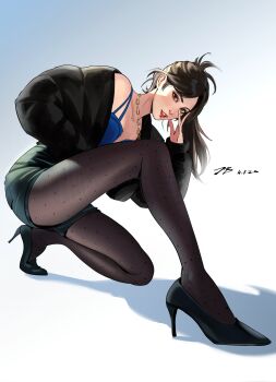 1girl absurdly_long_hair backlighting black_jacket blue_shirt bomber_jacket brown_hair chain chain_necklace commentary dated east_asian english_commentary facing_to_the_side fishnet_pantyhose fishnets from_below from_side hand_on_own_face high_heels highres jacket jewelry justb1aze leg_focus legs long_hair long_legs looking_at_viewer monogram necklace on_one_knee pantyhose polka_dot polka_dot_pantyhose ponytail red_lips shadow shirt short_shorts shorts simple_background slim_legs very_long_hair