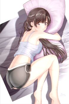 1girl absurdres artist_name ass bed bed_sheet black_shorts blush breast_press breasts brown_hair camisole camisole_lift closed_mouth clothes_lift commentary_request dated dolphin_shorts fluno from_behind highres hugging_object indoors kneeling large_breasts long_hair looking_at_viewer looking_back on_bed original pillow ponytail purple_eyes shadow shorts soles solo swept_bangs white_camisole