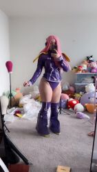 1girl alternate_costume animated ass boots breasts cosplay female_focus full_body grin highres holding holding_phone huge_ass indoors jewelry_bonney jewelry_bonney_(cosplay) jewelry_bonney_(egghead) jewelry_bonney_(egghead)_(cosplay) large_breasts legs_apart leotard lips lipstick makeup musclemommycosplay official_alternate_costume one_piece phone purple_leotard real_life revealing_clothes selfie shiny_clothes simple_background smile solo standing tagme unworn_boots video wide_hips