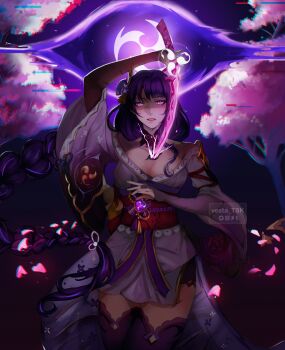 Rule 34 | 1girl, absurdres, artist name, blurry, braid, breasts, bridal gauntlets, cherry blossoms, cleavage, clothing cutout, depth of field, drawing sword, electro symbol (genshin impact), falling petals, genshin impact, glowing, glowing petals, glowing sword, glowing weapon, highres, holding, holding sword, holding weapon, human scabbard, japanese clothes, katana, kimono, lingerie, long braid, looking at viewer, mitsudomoe (shape), multicolored hair, musou isshin (genshin impact), neck ribbon, night, off shoulder, open mouth, outdoors, petals, pink petals, powering up, purple kimono, purple sky, purple thighhighs, raiden shogun, red ribbon, red sash, ribbon, sash, shade, shaded face, shoulder cutout, single braid, sky, solo, standing, streaked hair, sword, sword between breasts, thighhighs, tomoe (symbol), tree, underwear, upper body, vestatsk, watermark, weapon, wide sleeves