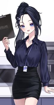 Rule 34 | 1girl, absurdres, arm at side, black hair, black skirt, blue eyes, blue shirt, clipboard, commentary request, cowboy shot, earpiece, elppi, forehead, hand up, highres, holding, holding clipboard, ive (stellive), jewelry, korean commentary, lanyard, light blush, long hair, long sleeves, looking at viewer, miniskirt, necklace, office lady, open mouth, pencil skirt, ponytail, shirt, shirt tucked in, simple background, skirt, smile, solo, standing, stellive, taut clothes, taut skirt, virtual youtuber, white background, wing collar