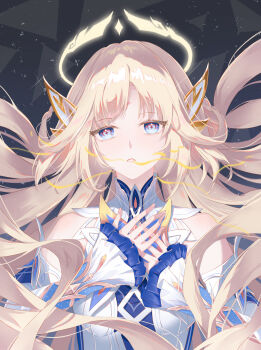 1girl absurdres bare_shoulders blonde_hair blue_eyes chinese_commentary commentary_request cross-shaped_pupils detached_sleeves dress facial_mark feiyechachazi floating_hair forehead_mark genshin_impact hair_ornament hands_on_own_chest highres long_hair long_sleeves looking_at_viewer nicole_(genshin_impact) open_mouth solo symbol-shaped_pupils white_dress white_sleeves