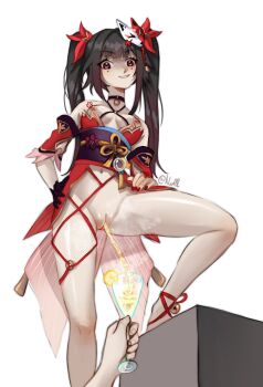 Rule 34 | 1girl, bottomless, cleft of venus, cocktail glass, cup, drinking glass, food, fruit, honkai: star rail, honkai (series), lemon, lemon slice, looking at viewer, nullnsfw, pee, peeing, peeing in cup, pussy, red eyes, smile, sparkle (honkai: star rail), standing, steam, twintails, uncensored, white background